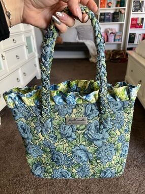 April Cornell Blue and Green Floral Ruffled-Top Braided-Handle Tote